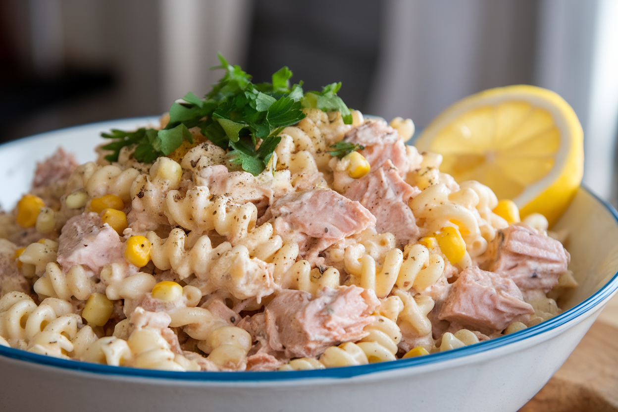 Creamy tuna and sweetcorn salad pasta recipe bowl