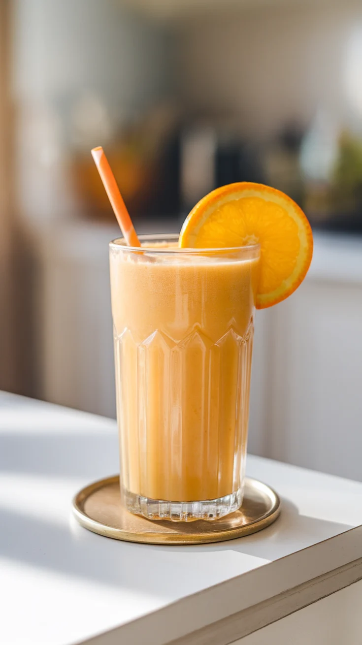 Refreshing orange creamsicle smoothie in a glass with an orange slice and straw on a table.
