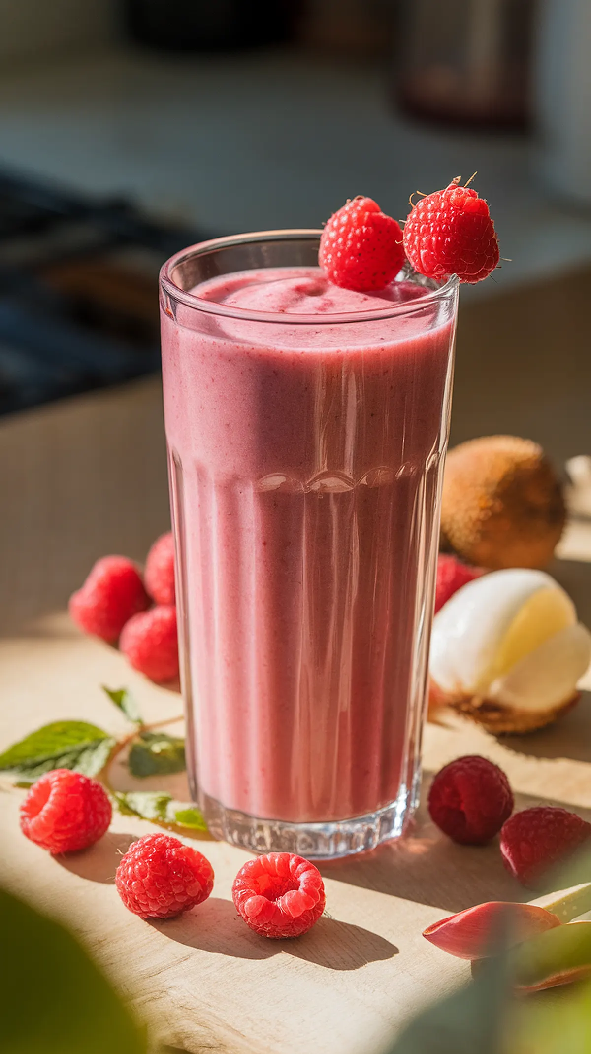 Bright pink raspberry lychee smoothie in a glass, garnished with fresh raspberries, on a sunny wooden table.