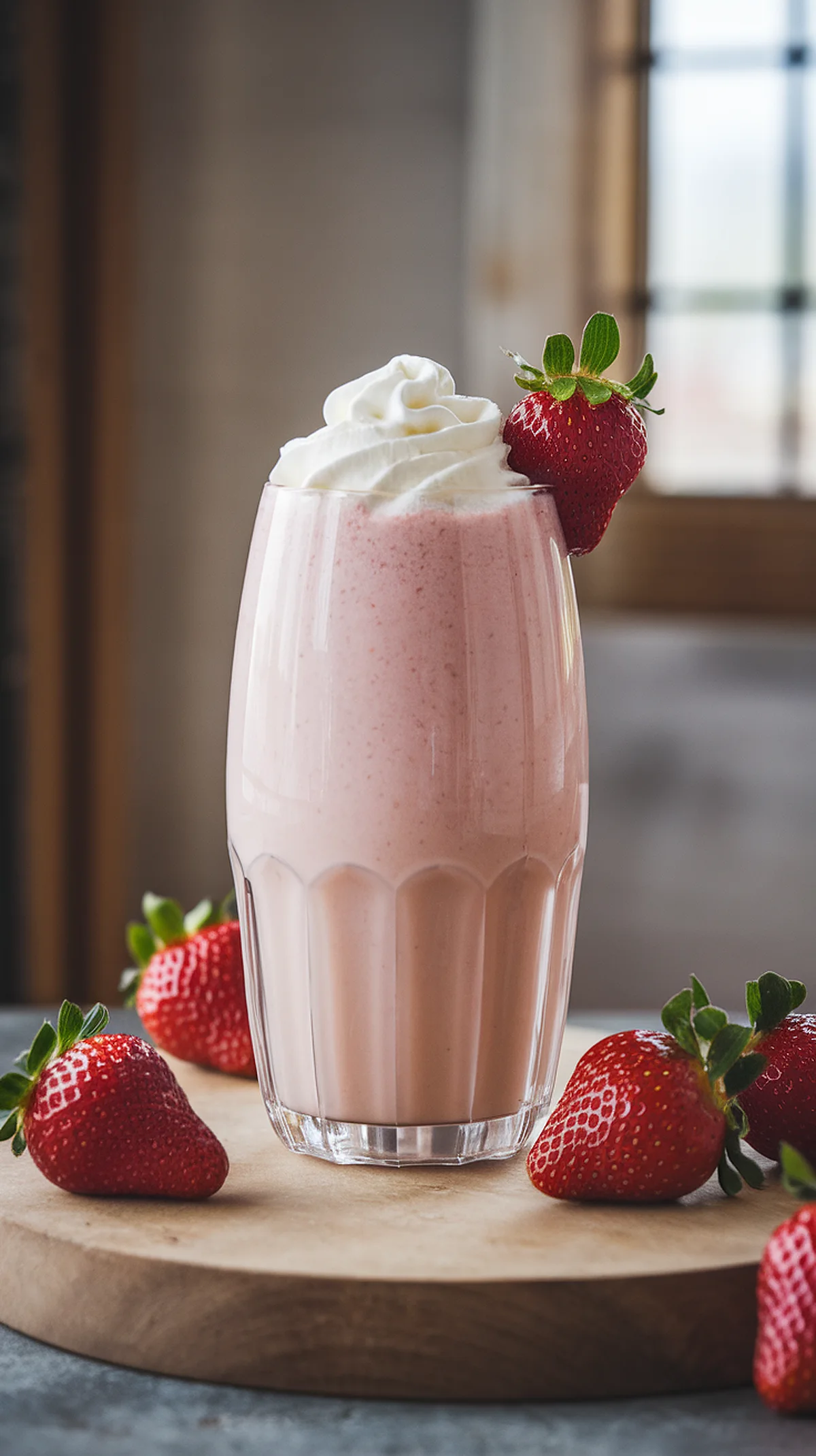 Creamy strawberry frappe smoothie in a glass with whipped cream and fresh strawberries on a wooden board.