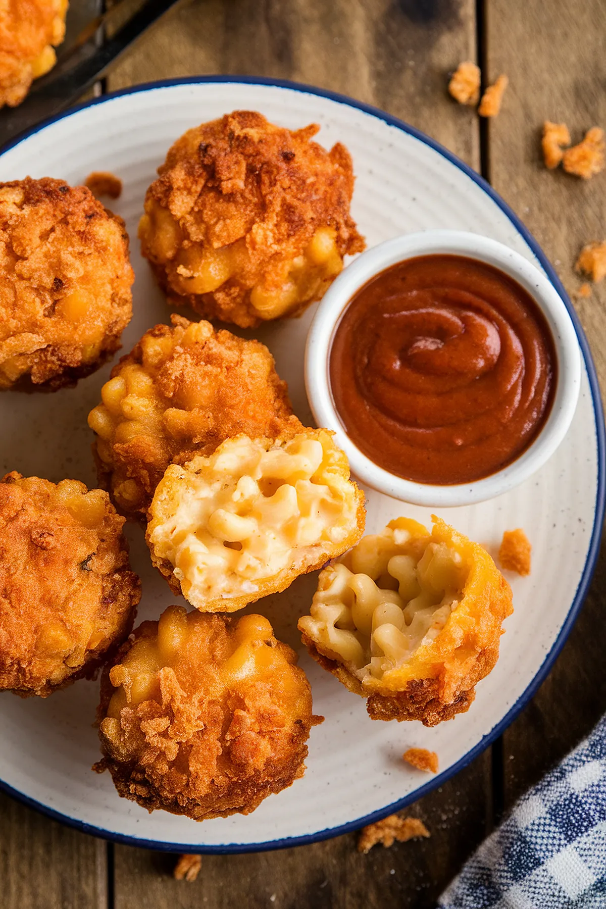 Crispy mac 'n' cheese balls with a side of tangy dipping sauce on a rustic wooden table.