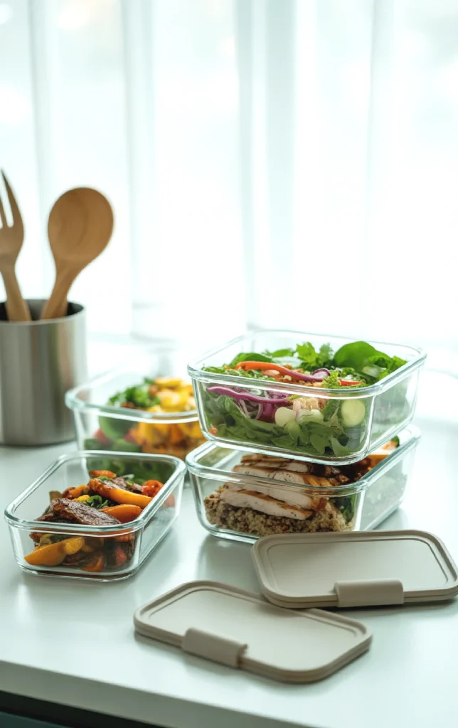 Glass meal prep containers with fresh salads and grilled chicken on a white table, healthy eating concept.