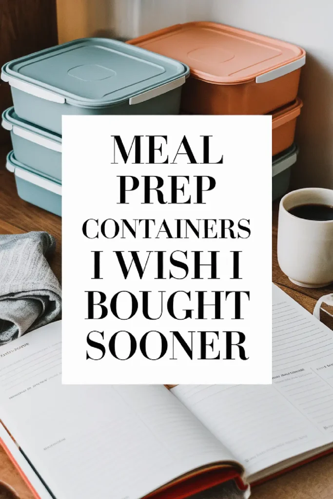 Stacked meal prep containers beside a coffee cup and open planner, with text overlay about buying them sooner.