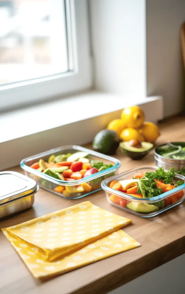Fresh fruit and vegetable salads in glass containers on a wooden kitchen counter near a window with lemons and avocado.