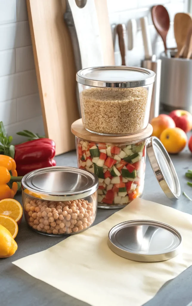 Glass jars with quinoa, mixed vegetables, and chickpeas on a kitchen counter with fruits and cutting board in the background.