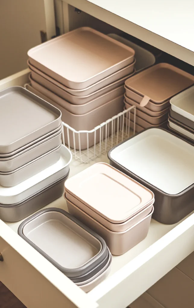 Organized kitchen drawer with stacked beige and gray food storage containers.
