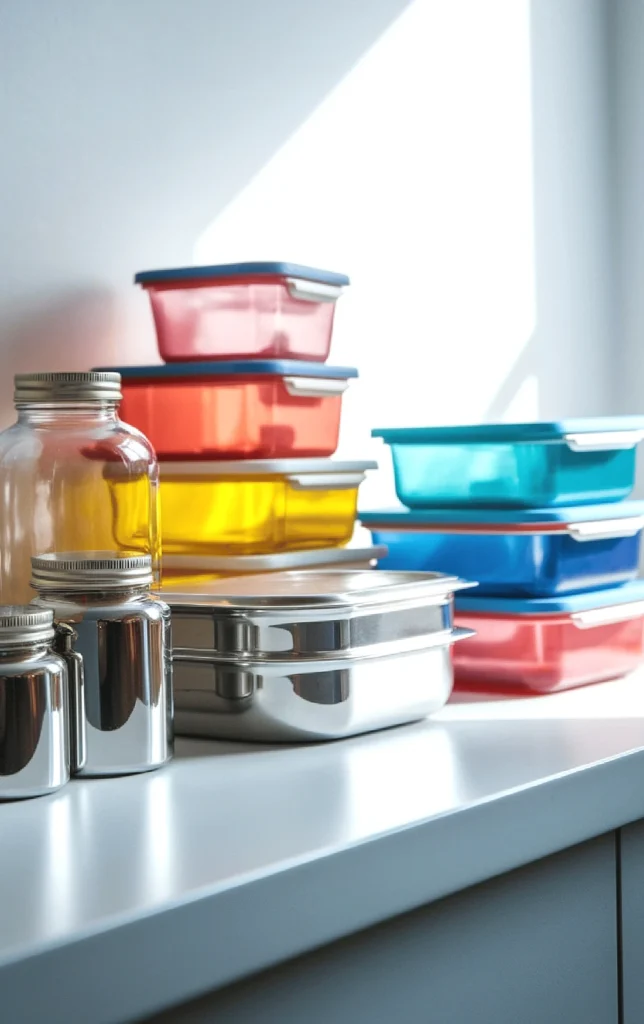 Colorful food storage containers and jars on a white countertop, organized for kitchen use and meal prepping.