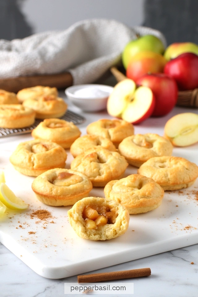 Freshly baked apple cinnamon mini pies on a cutting board with sliced apples and cinnamon sticks in the background.