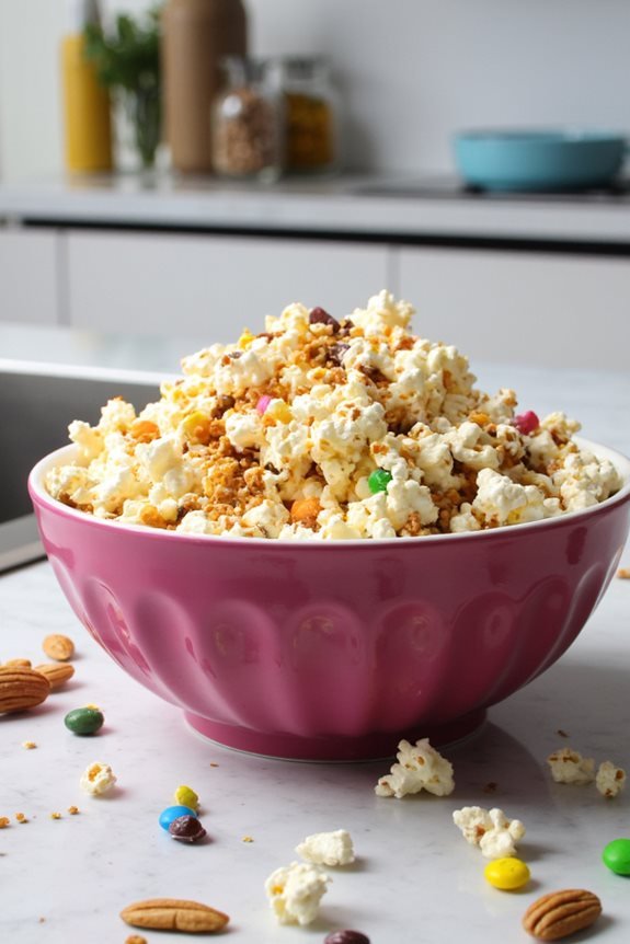 Bowl of popcorn with colorful candies and nuts on a kitchen counter.
