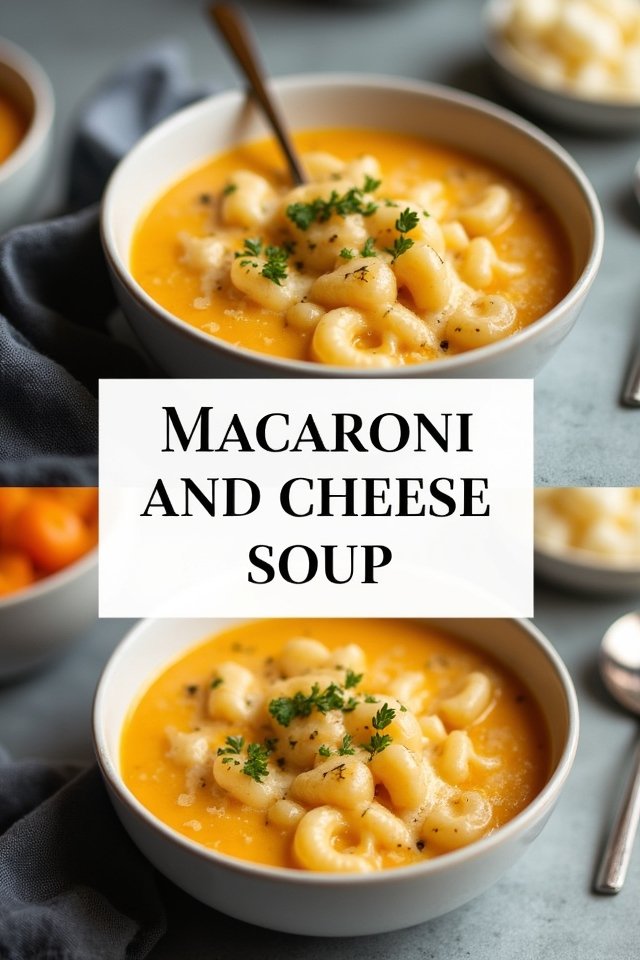 Bowl of creamy macaroni and cheese soup garnished with herbs, featured on a dining table setting.