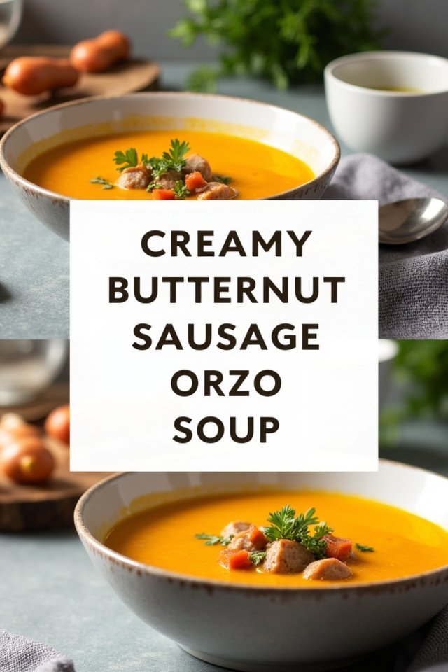 Bowl of creamy butternut squash soup with sausage and orzo, garnished with herbs and vegetables.