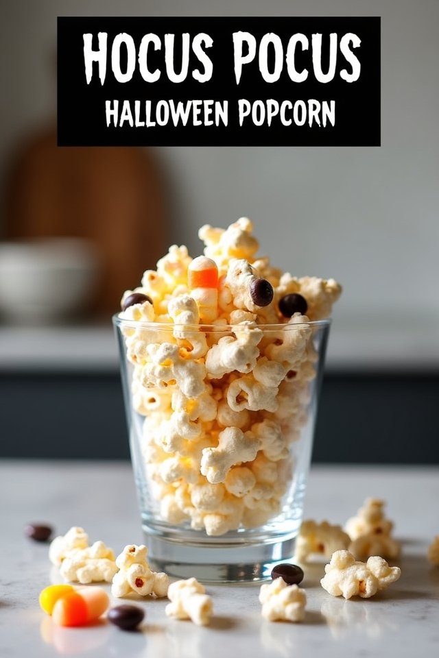Glass of Halloween popcorn with candy corn and chocolates. Text overlay: Hocus Pocus Halloween Popcorn.