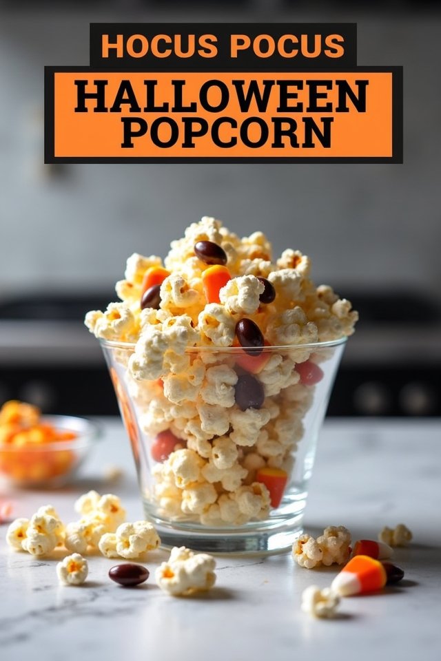 Halloween popcorn mix with candy corn and chocolate candies in a glass bowl on a table.