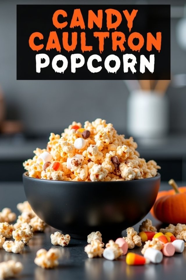 Bowl of Candy Cauldron popcorn with candy corn and marshmallows, perfect Halloween treat.