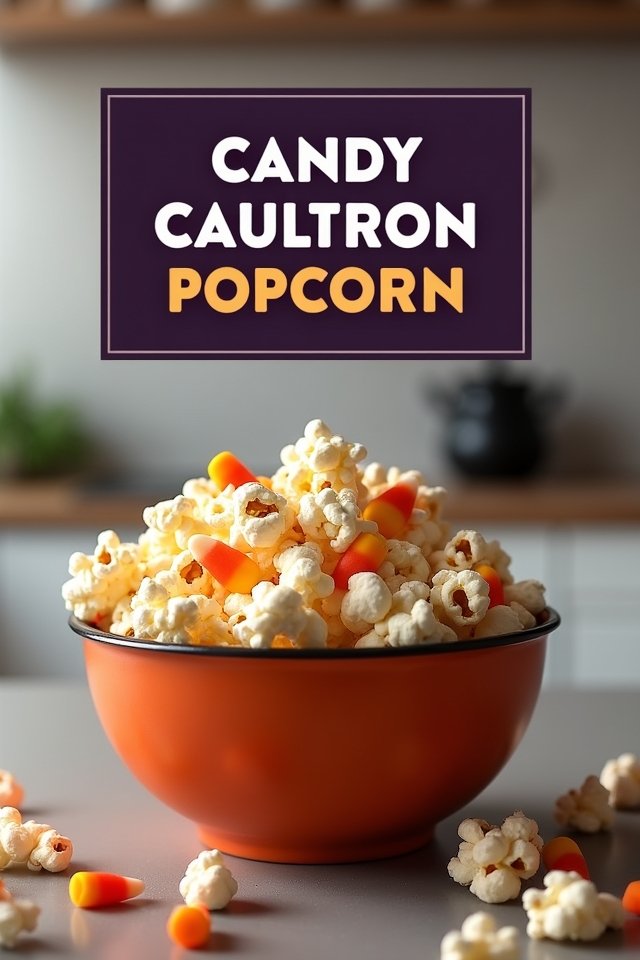 Bowl of Candy Cauldron Popcorn with candy corn, perfect for a festive Halloween snack, on a kitchen counter.