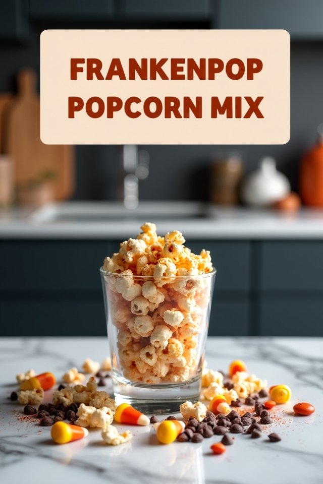 Glass of Frankenpop popcorn mix with candy corn and chocolate, set on a marble countertop.