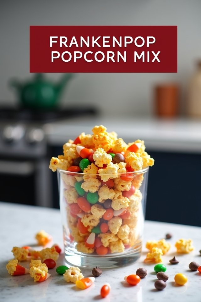 Frankenpop popcorn mix in a glass. Halloween-themed snack with candy corn, chocolate, and colorful candies on table.