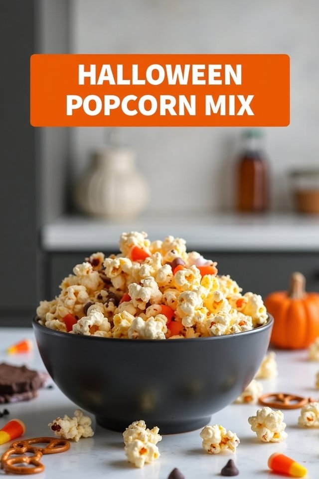 Halloween-themed popcorn mix in a black bowl with candy corn and treats.