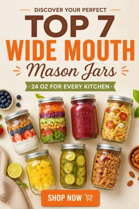 Alt text: Top 7 wide mouth mason jars featured, each filled with various colorful foods, ideal for every kitchen. Shop now!