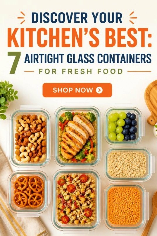 Alt text: Seven airtight glass containers filled with fresh food, including fruits, grains, and snacks, promoting kitchen organization.