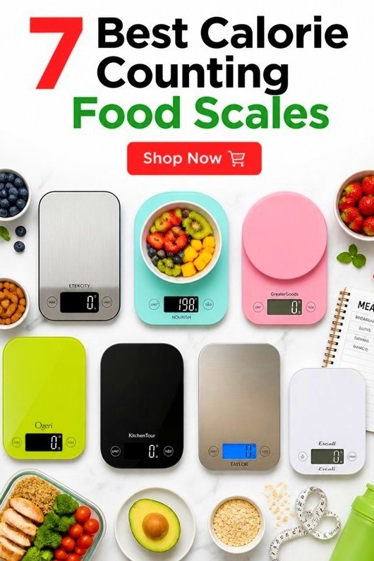 Image of seven food scales surrounded by healthy foods, highlighting the best calorie counting options. Shop now!