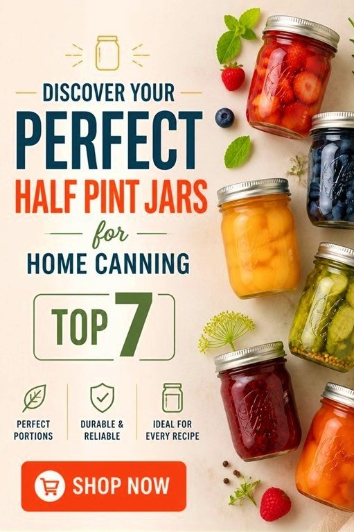 Colorful half pint jars for home canning showcasing fruits and vegetables, promoting perfect portions and durability.