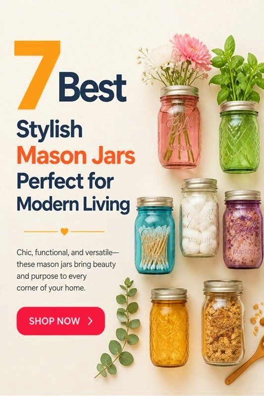 Alt text: Colorful mason jars with flowers and decorative items, showcasing stylish storage ideas for modern homes.