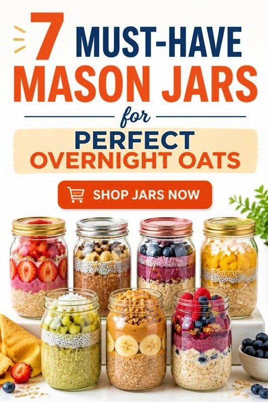 Colorful mason jars filled with layered overnight oats and toppings, featuring text about must-have jars for easy prep.