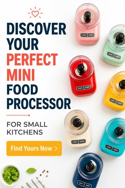 Colorful mini food processors arranged creatively; perfect for small kitchens. Discover your ideal kitchen companion!