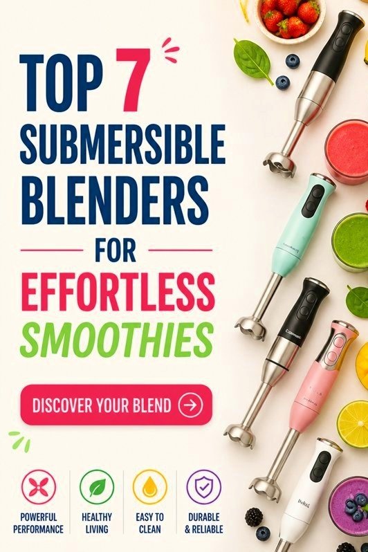 Graphic showcasing the top 7 submersible blenders for effortless smoothies, highlighting features like durability and ease of cleaning.